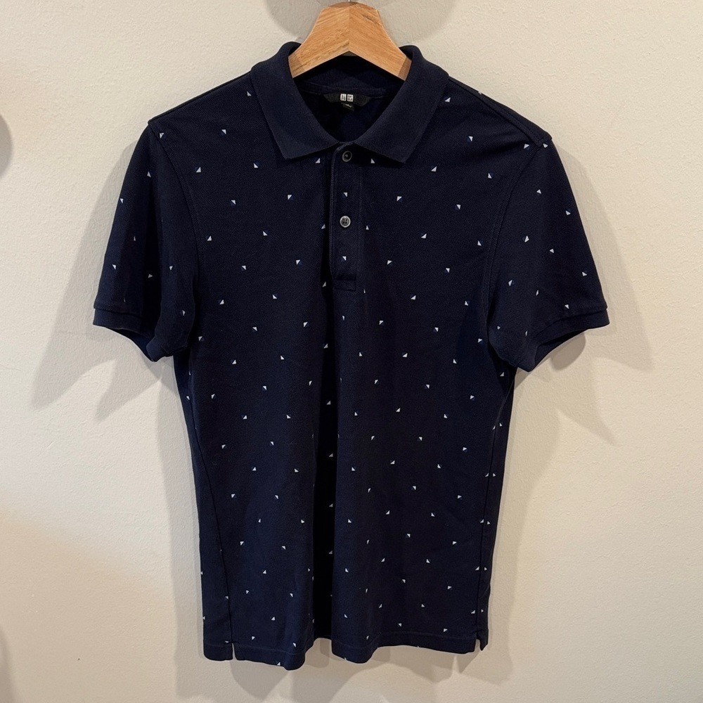 Uniqlo Men's Printed Short Sleeve Polo Shirt Navy Blue White Accent Size XS